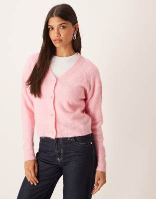 Vila Heart Boucle Knit Cardigan With Silver Buttons In Pink