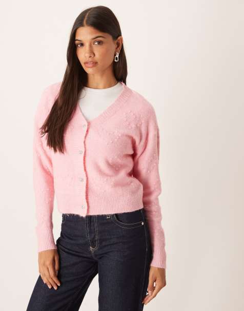 Vila heart boucle knitted cardigan with silver buttons in light pink - view 1