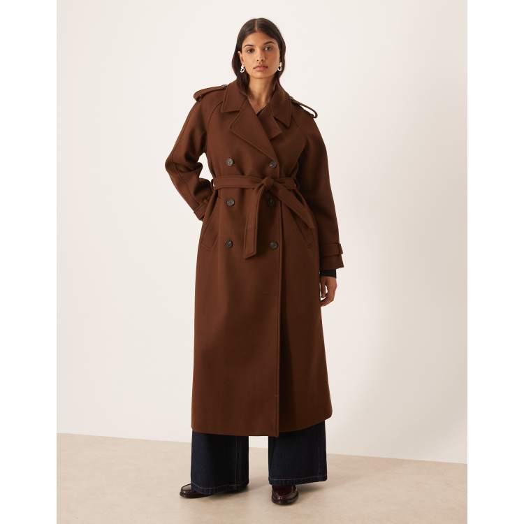 VILA heavyweight wool trench coat in chocolate brown | ASOS
