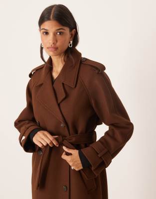 Vila Heavyweight Wool Trench Coat In Brown