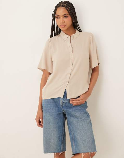 VILA – Hemdbluse in Steinbeige mit Flatterärmeln und Leinenanteil - view 1