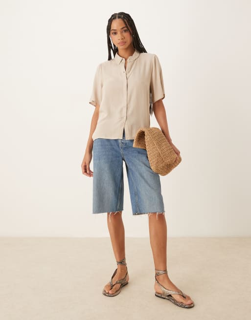 VILA – Hemdbluse in Steinbeige mit Flatterärmeln und Leinenanteil, 3 von 4