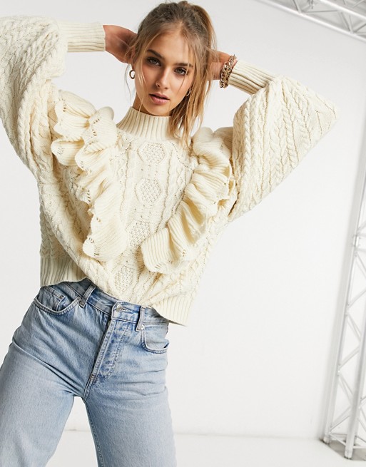 Vila high neck chunky knit jumper with frill detail and balloon sleeve in cream
