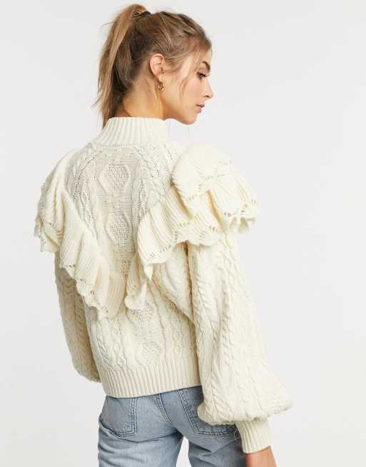 Vila high neck chunky knit sweater with frill detail and balloon sleeve in  cream