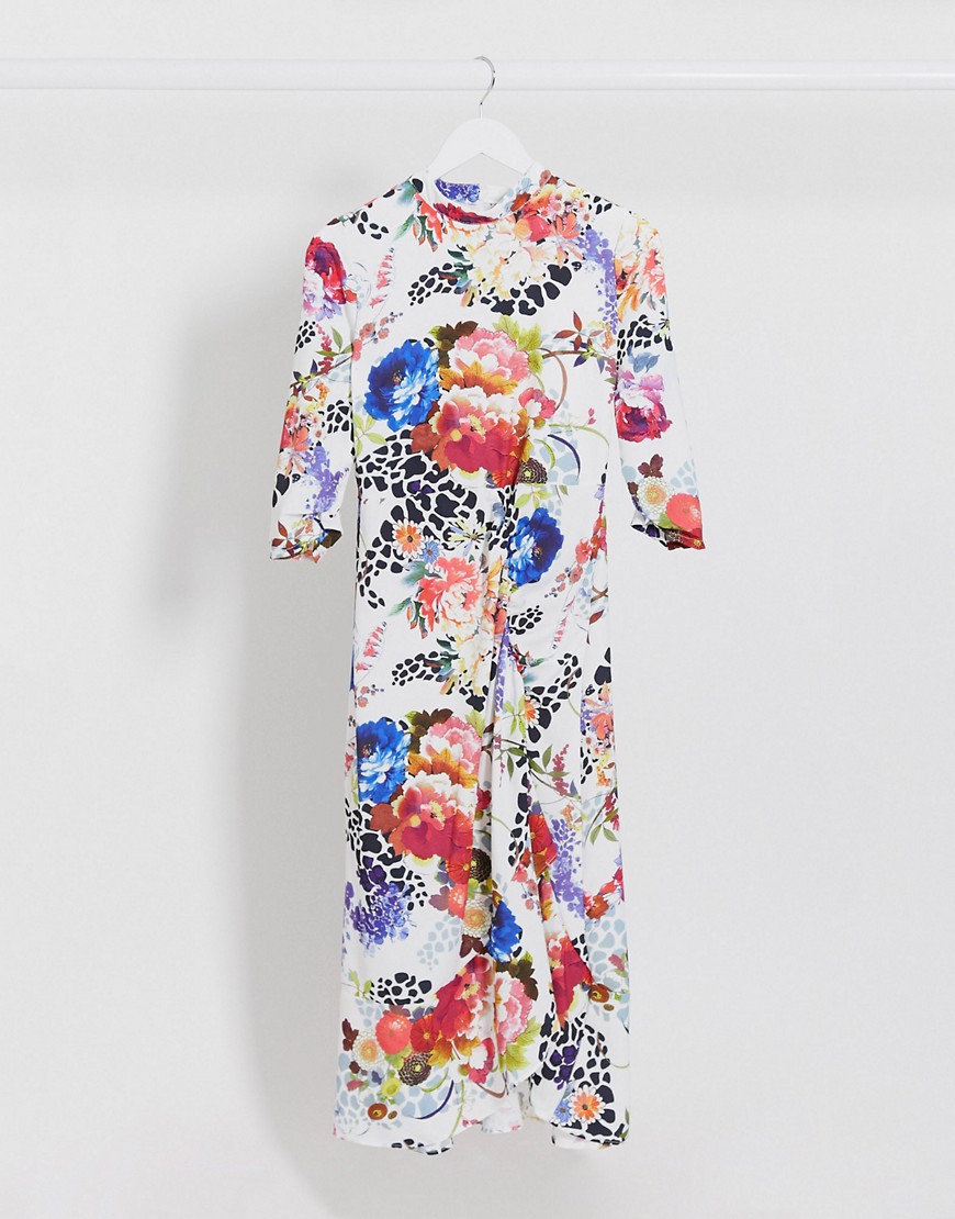 Vila high neck dress with hi low hem in floral swirl-Multi
