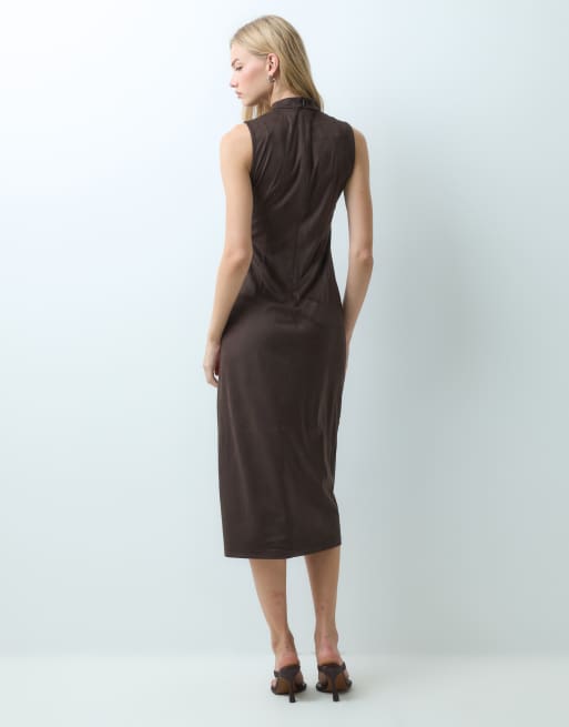 Vila high neck faux suede maxi dress in chocolate brown, 3 of 4