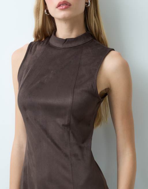 Vila high neck faux suede maxi dress in chocolate brown, 4 of 4