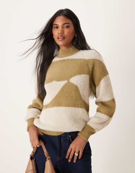 Vila high neck fluffy jumper in olive and cream print - view 1