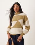 [Vila] VILA high neck fluffy jumper in olive and cream print-Green S Gothic olive