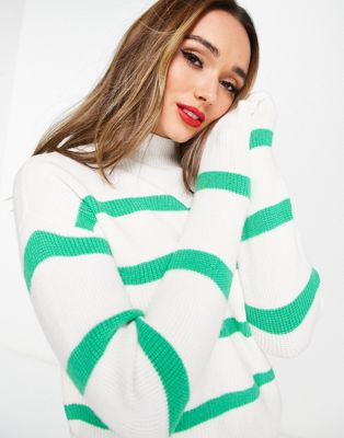 Vila high neck jumper in white and green stripe