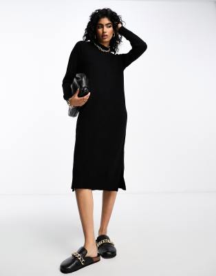 high neck knit midi sweater dress in black