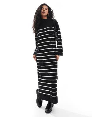 high neck knitted maxi dress in black and white stripe