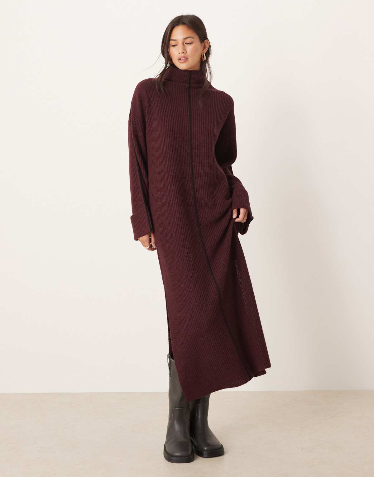 Vila high neck knitted maxi dress in burgundy