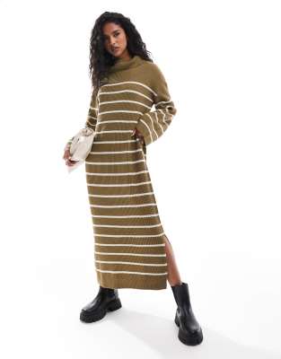 vila high neck knitted maxi dress in olive green stripe