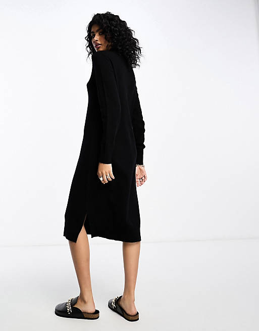 Vila high neck knitted midi jumper dress in black | ASOS
