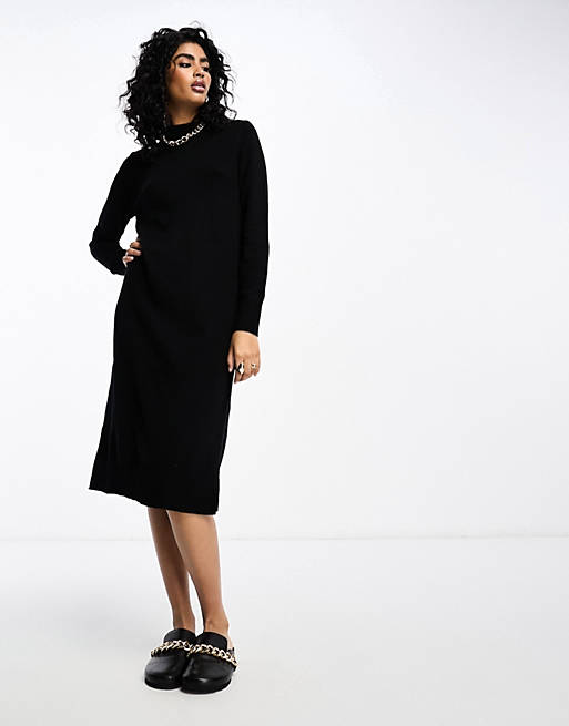Vila high neck knitted midi jumper dress in black | ASOS