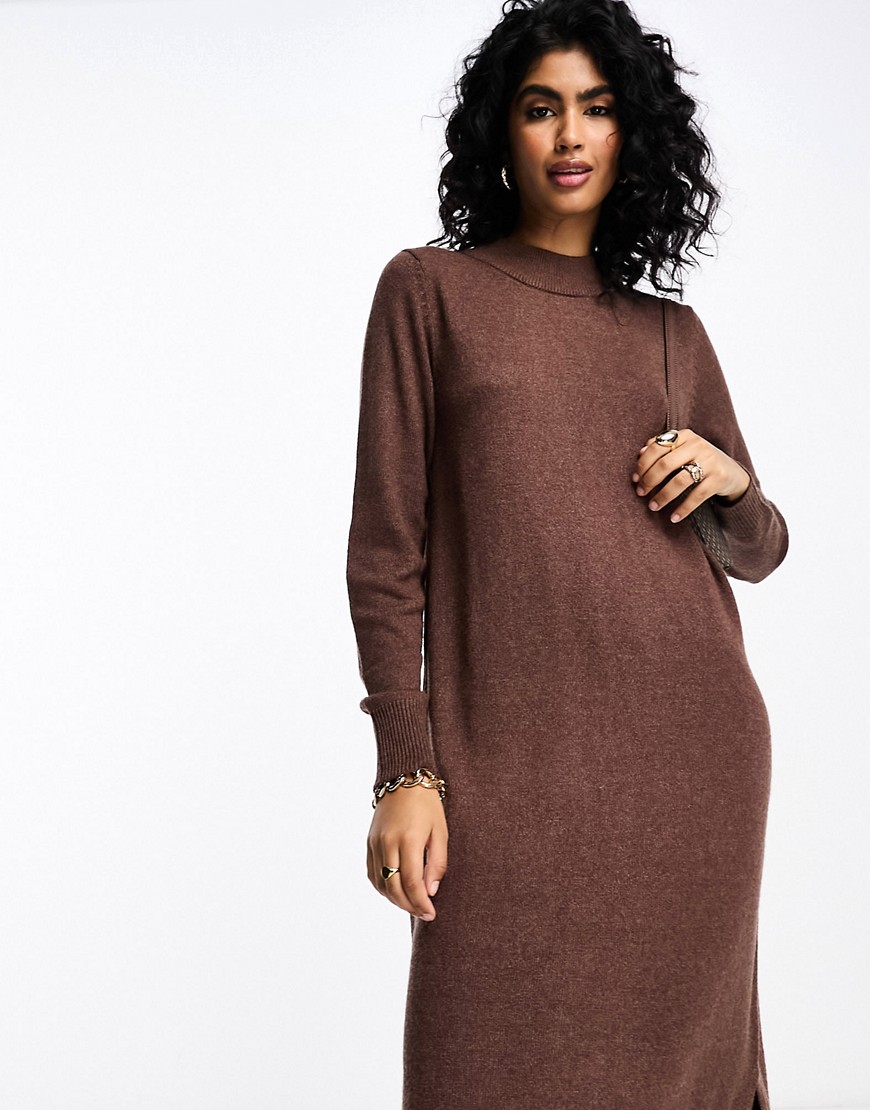 Vila high neck knitted midi jumper dress in brown