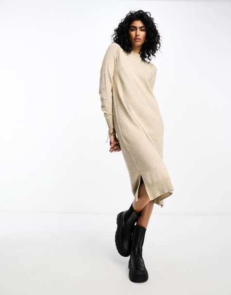 JDY wide neck knitted mini jumper dress in beige