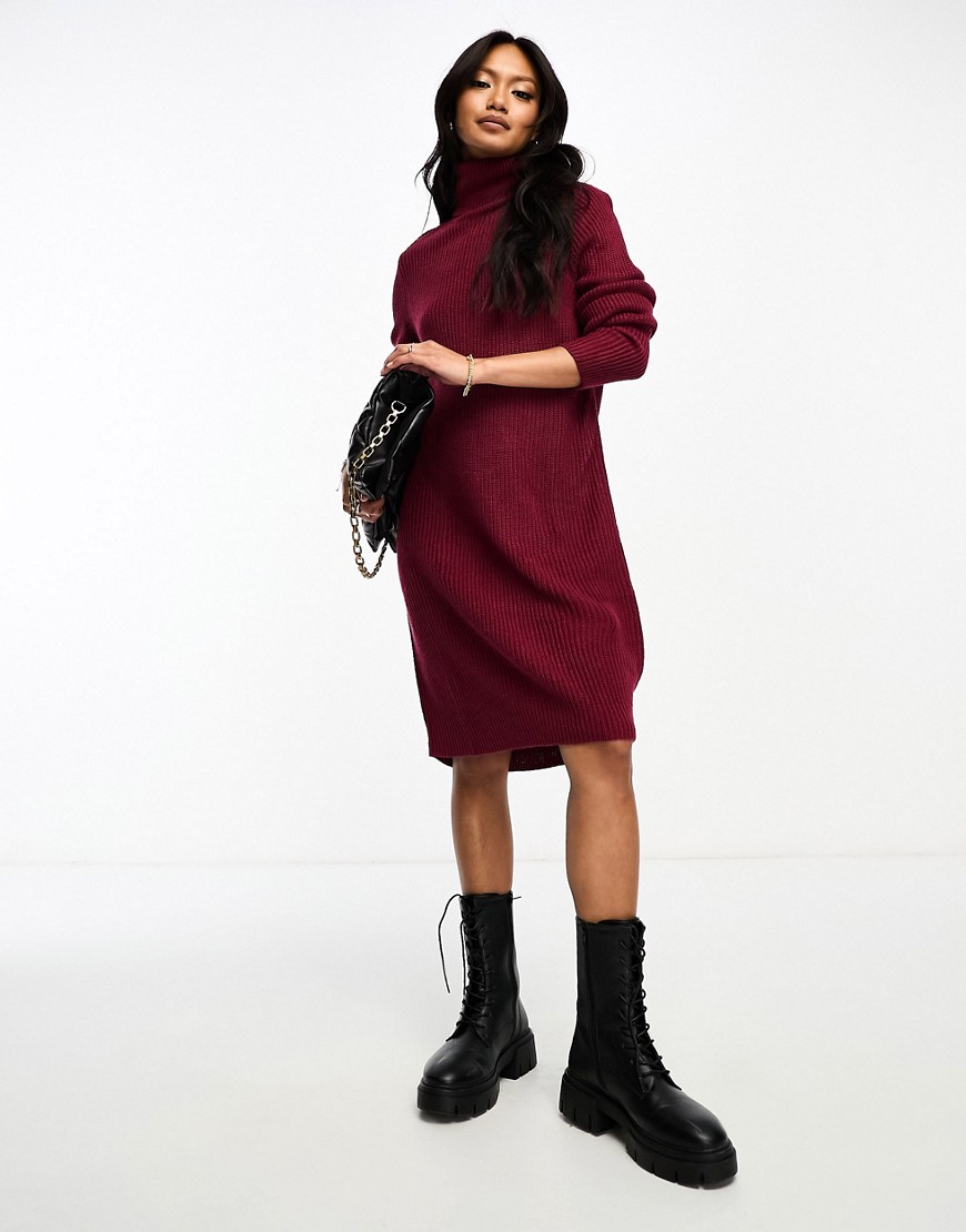 Vila high neck knitted mini dress in burgundy-Red