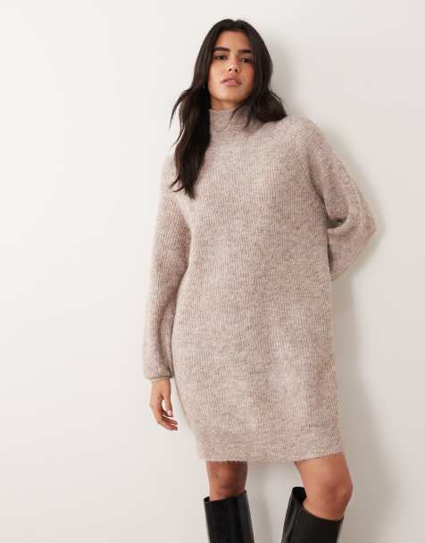 Vila high neck knitted mini dress in natural melange