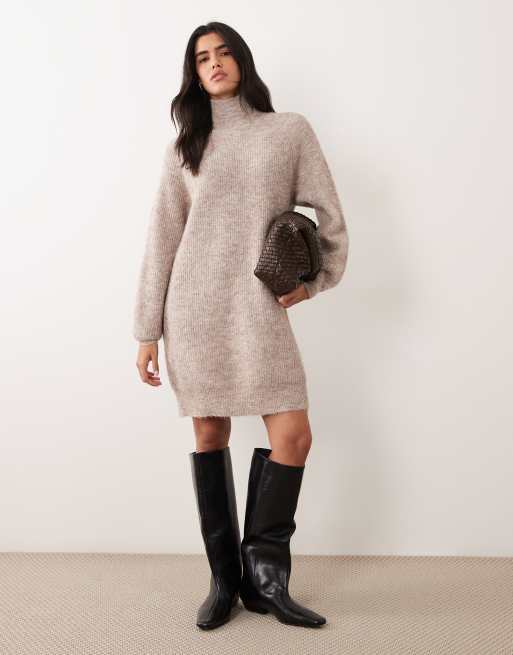 VILA high neck knitted mini dress in natural melange, 2 of 4
