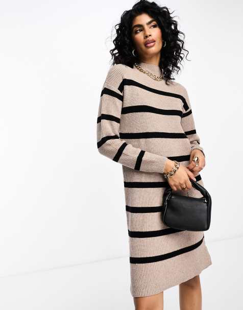 Vila high neck knitted mini jumper dress in mushroom stripe - view 1