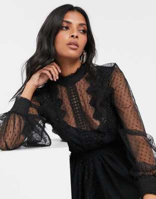 vila contrast lace midi dress