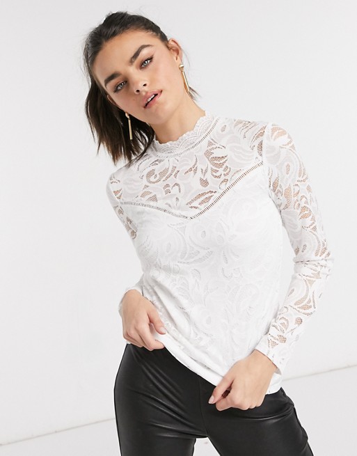 Vila high neck lace top in white