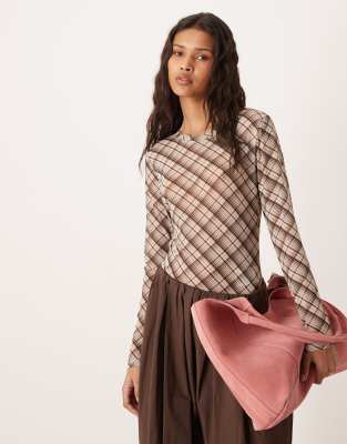 Vila High Neck Long Sleeeve Mesh Top In Brown