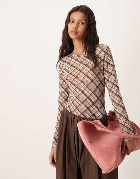 Vila high neck long sleeeve mesh top in brown check