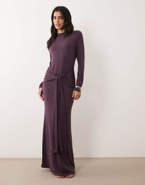 Vila high neck long sleeve maxi dress with waist detail in plum - view 1