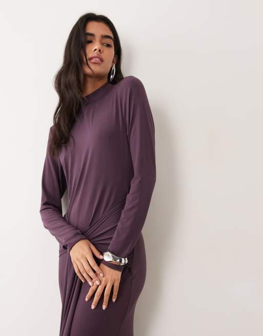 Vila high neck long sleeve maxi dress with waist detail in plum, 2 of 4