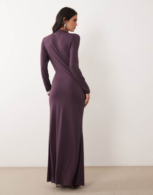 Vila high neck long sleeve maxi dress with waist detail in plum, 3 of 4