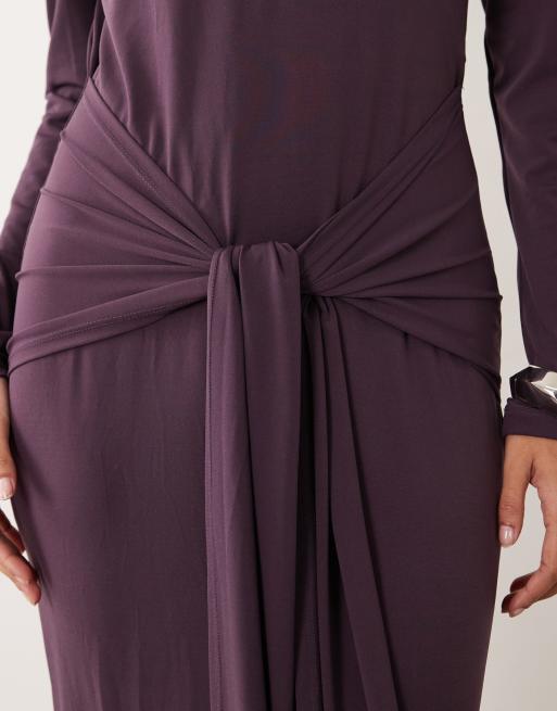 Vila high neck long sleeve maxi dress with waist detail in plum, 4 of 4