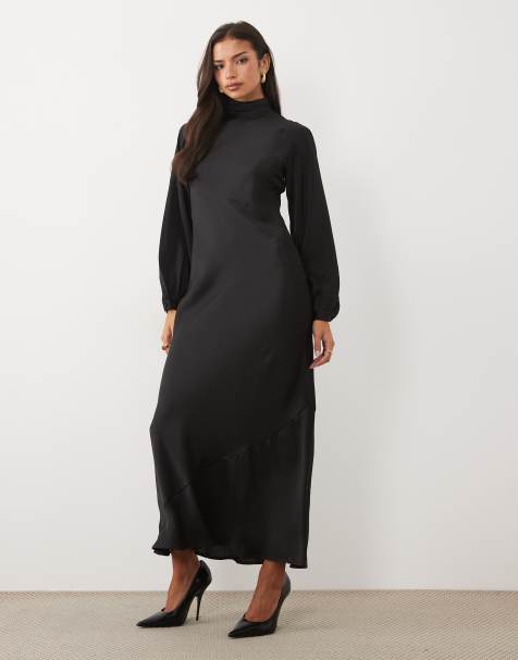 Vila high neck long sleeve satin maxi dress in black - view 1