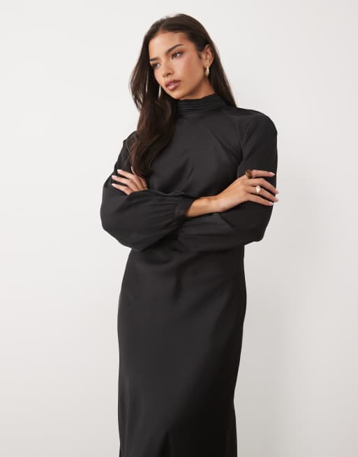 Vila high neck long sleeve satin maxi dress in black  , 2 of 4