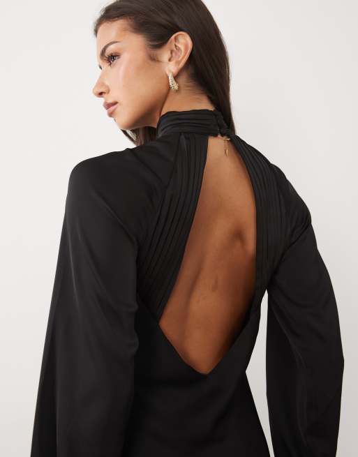 Vila high neck long sleeve satin maxi dress in black  , 3 of 4