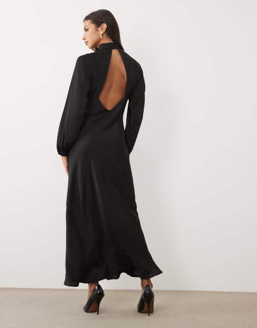 Vila high neck long sleeve satin maxi dress in black  , 4 of 4