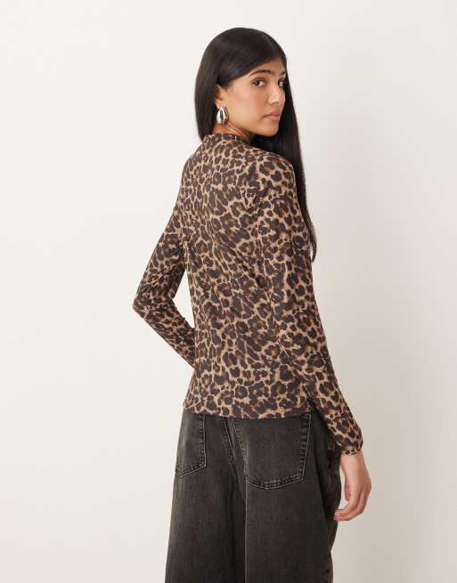 VILA high neck long sleeve top in leopard print