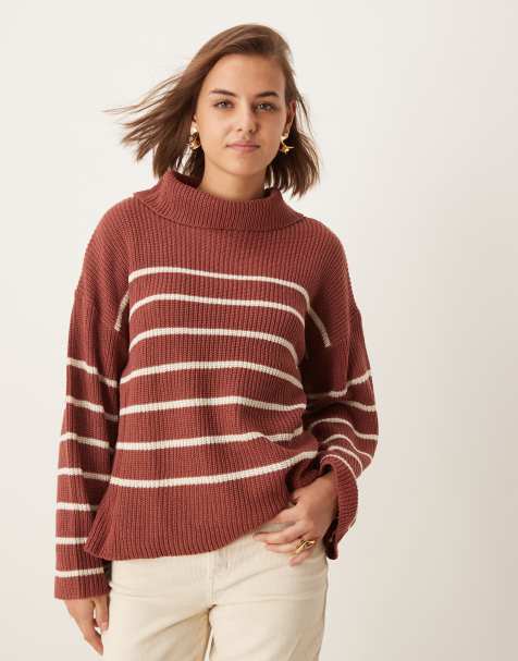 Vila high neck loose jumper in terracotta stripe - view 1