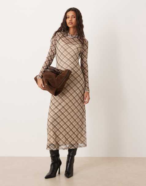 Vila high neck mesh midi dress in brown check