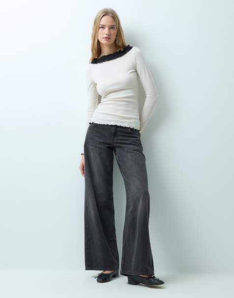Vila high neck mesh ruched top with black trim in cream - view 1