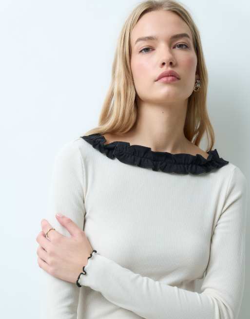Vila high neck mesh ruched top with black trim in cream, 2 of 4