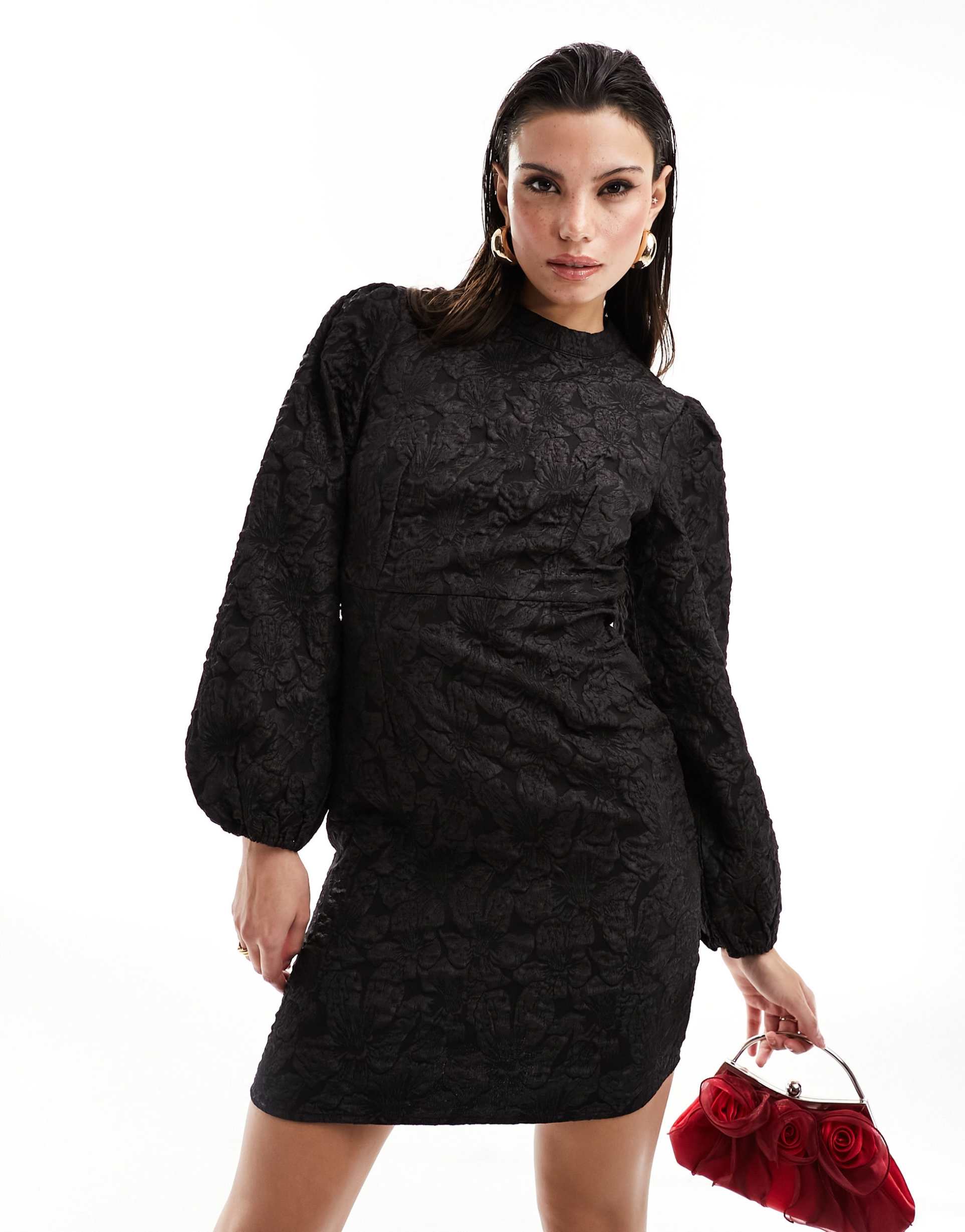 vila high neck mini dress with volume sleeves in black jacquard