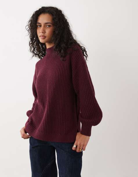 Vila high neck oversized chunky knit jumper in burgundy - view 1