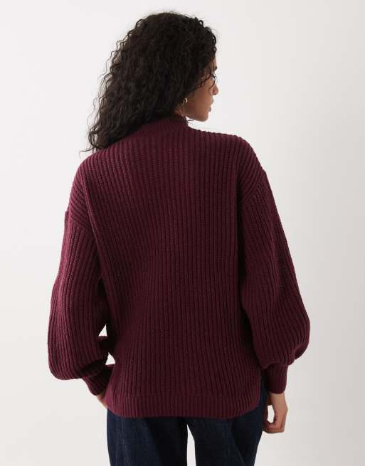 Vila high neck oversized chunky knit jumper in burgundy, 2 of 4