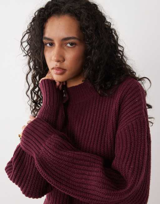 Vila high neck oversized chunky knit jumper in burgundy, 3 of 4