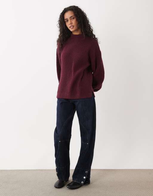 Vila high neck oversized chunky knit jumper in burgundy, 4 of 4