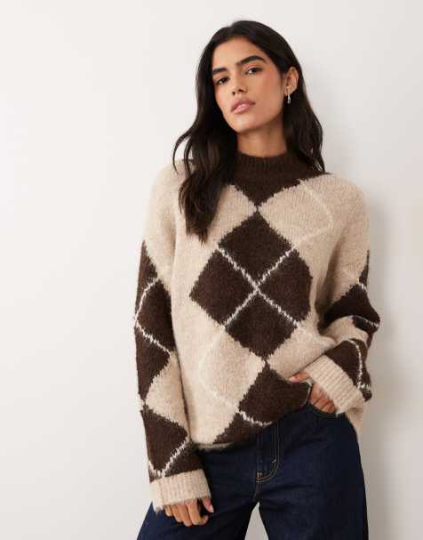 Vila high neck oversized knitted jumper in brown argyle print - view 1