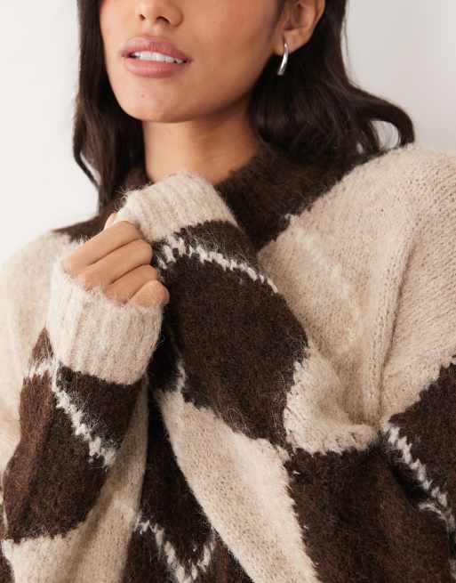 Vila high neck oversized knitted jumper in brown argyle print, 2 of 4